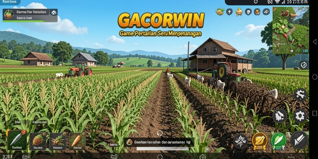 Screenshot GACORWIN menampilkan petani merawat ladang dengan berbagai tanaman.