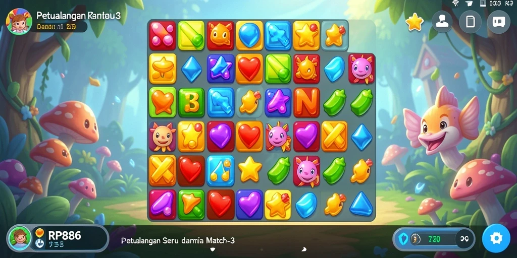 Tampilan gameplay RP886 dengan kombinasi permata berwarna-warni dalam permainan Match-3.