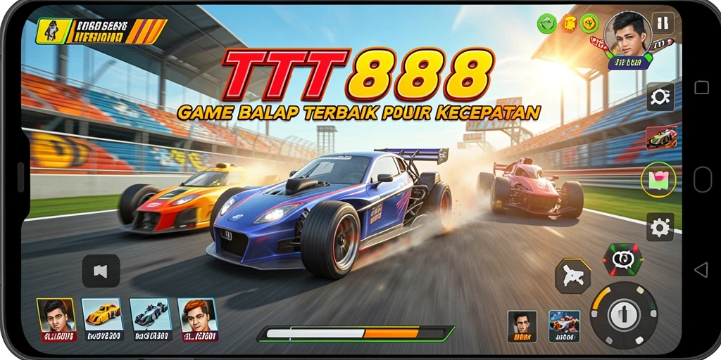 Tangkapan layar utama gameplay balap dengan mobil yang meluncur cepat di trek.